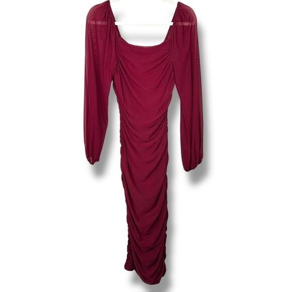 MEROKEETY Wine Red Ruched Bodycon Puff Sleeve Mesh Cocktail Party Midi Dress - Picture 3 of 13